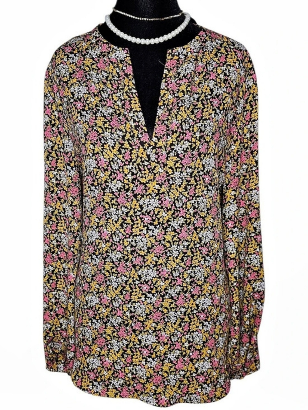 LOFT Floral Long Sleeve Blouse Black & Pink Large Like New